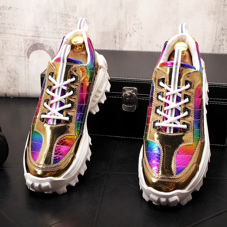 New Men Fashion Casual Shoes Autumn Bling Patent Leather Thick Bottom Sneakers Male Youth Trending Shoes for web celebrity