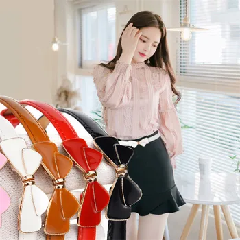 

Girls Accesories Fashion Waistband Without Hole Women Slim Belts Bowknot Buckle Retro PU Leather Cinto Feminino Match for Dress