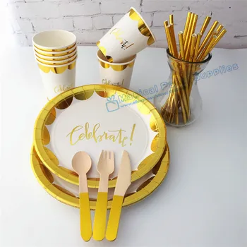 

16 People Gold Foil Party Kits 9inch Metallic Gold Paper Plates Scallop Gold Paper Cups Straws Luxury Gold Party Tableware