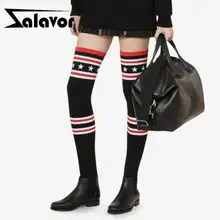 ZALAVOR/высокие сапоги до бедра Женская осенне-зимняя теплая обувь с гибкой подошвой, женские эластичные трикотажные модные плоские туфли с полосками, Размеры 35-40