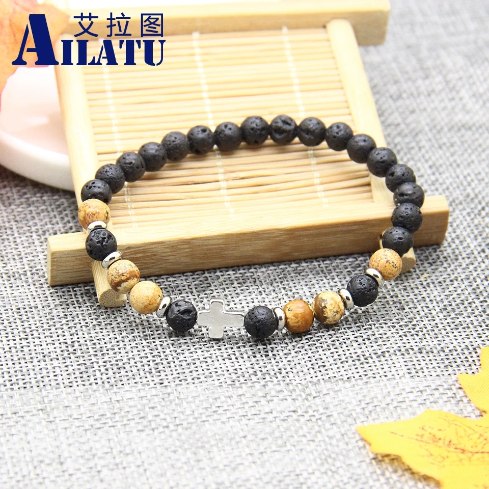 

Ailatu New Cross Charm Religious Bracelet Catholic Medals Bracelet with 6mm Natural Stone Beads Top Quality
