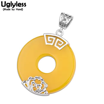 

Uglyless Yellow Chalcedony Button Pendants for Women 925 Silver Hollow Lotus Necklaces NO Chains Gemstones Circle Jewelry P1152