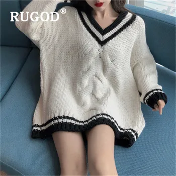 

RUGOD 2019 New winter warm women's sweater v neck stripe long style loose knitted pullovers fashion female casual soft pull ins