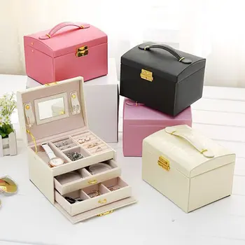 

Fashion Faux Leather Jewelry Box Necklace Earring Bracelet Storage Case Cabinet New Design Three layer hot sale