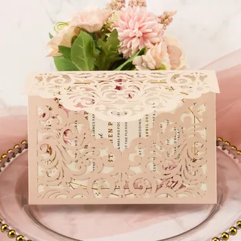

Free Shipping 1X Bridal Shower invitation card Blush Rose Gold Laser cut birthday invite greeting cards envelope quinceanera