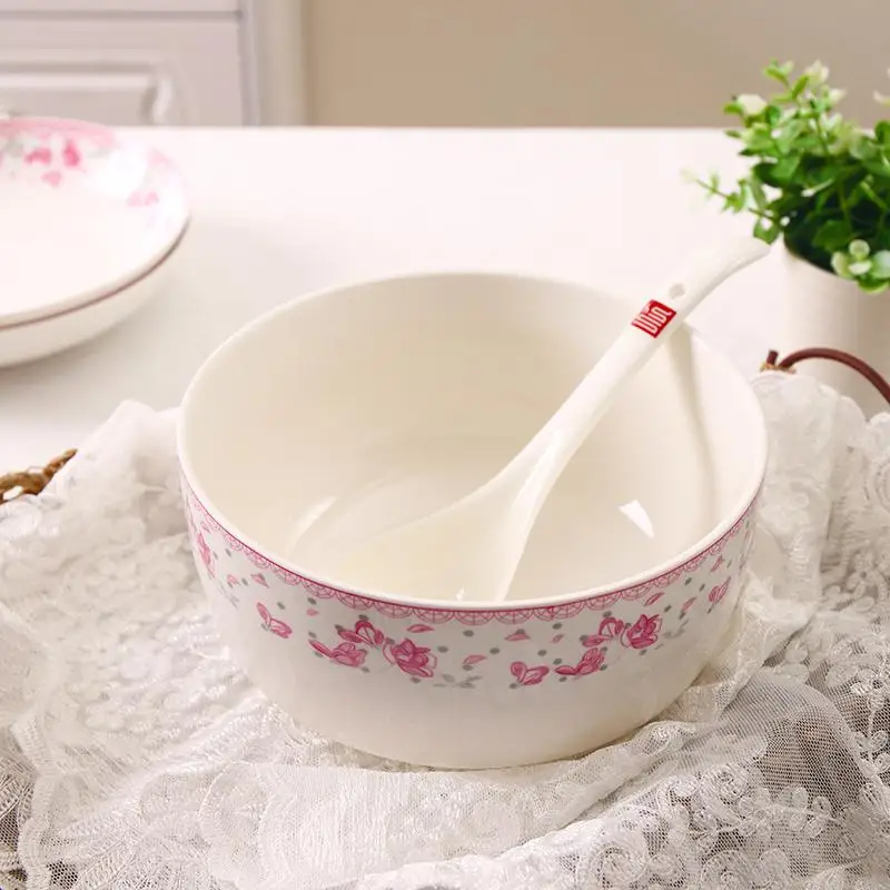 

Adeeing 2Pcs/Set Simple Flower Pattern Ceramic Bowl Spoon Tableware Set