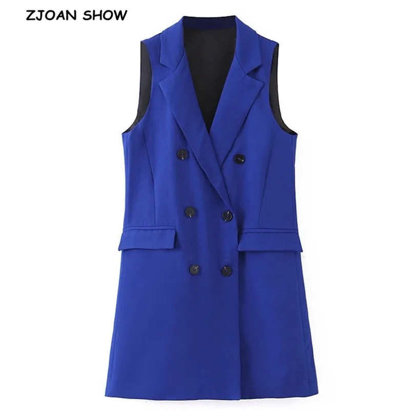 

CHIC 2019 Stylish Blue Double-breasted Button Women Sleeveless Blazer Vest Double Pockets Mid Long Suits Coat