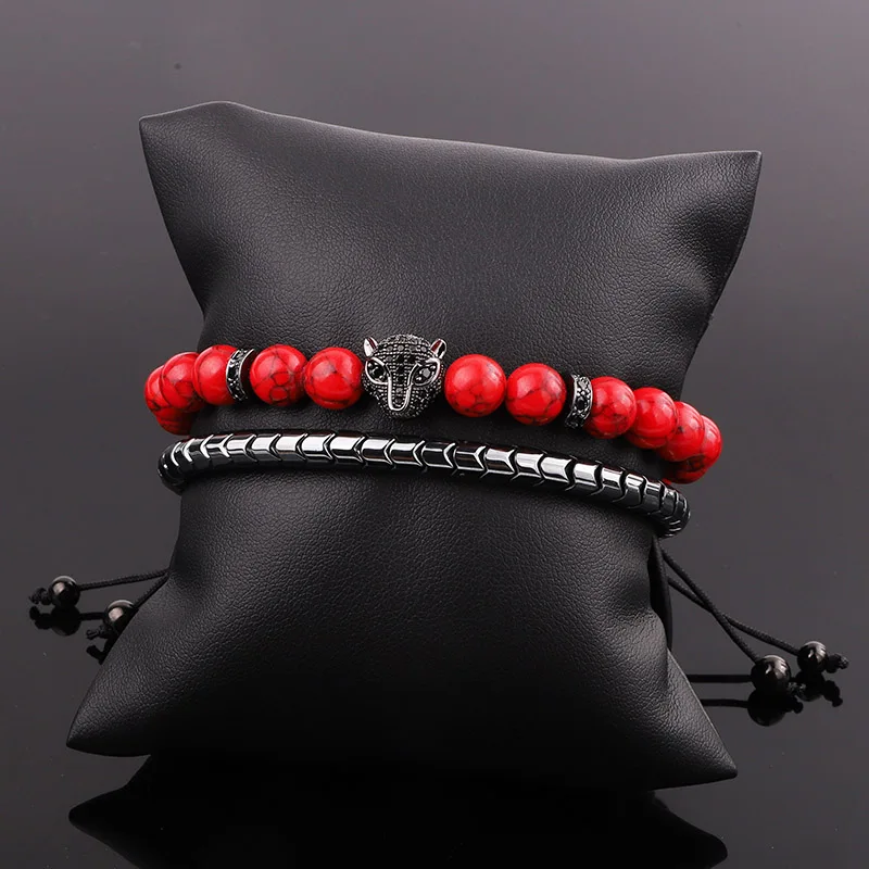 New Design Bracelet Men Red Turquoise Stone Hematite Beads CZ Pave Leopard Charm Macrame Bracelet Men Women - Image 2