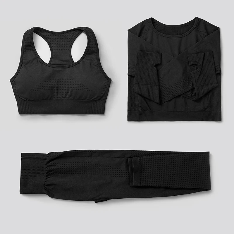 

Leggings Sport Women Fitness 3Pcs Yoga Set Suits Gym Clothing Long Sleeve Crop Top Shirts High Waist Running Leggings Workout