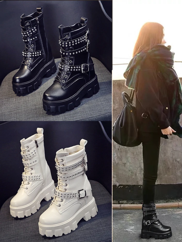 

Martin Boot Girl 2019 New British Wind thick bottom increases short boots Autumn shoes handsome medium cylinder Locomotive Boots