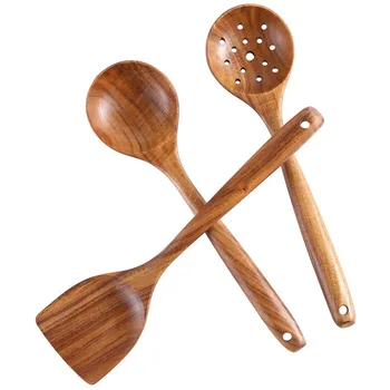 

Wooden Cooking Spoon Set, 3 Pieces Non-Stick Wood Kitchen Utensils Kit with Extra Long 14-Inch Handle, Natural Spatulas