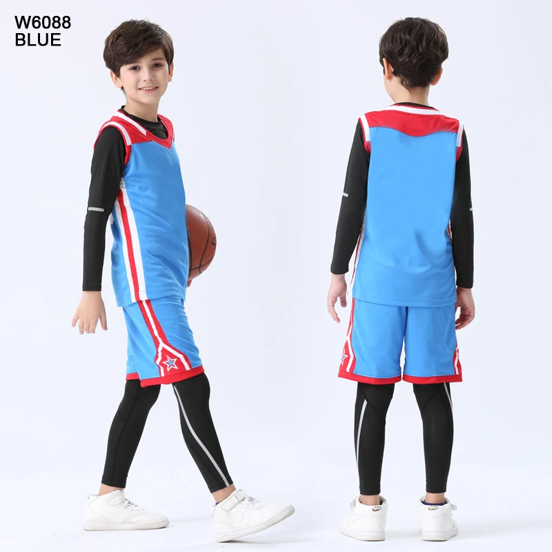 4 шт./компл. Детские зимние штаны сжатия спортивные костюмы баскетбольные майки Тренажерный зал Спортивный тренировочный баскетбольная форма - Цвет: W6088 blue