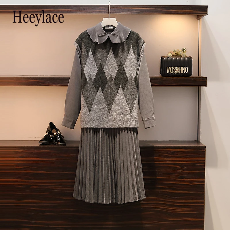 Осенний шерстяной жилет и плиссированное платье размера плюс для полных дам