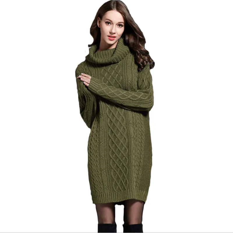 Online 2018 Winter Crochet Sweater Dress Plus Size Spring Women Long Sleeves Turtleneck Black Knitted Dress Lady Dresses For Winter