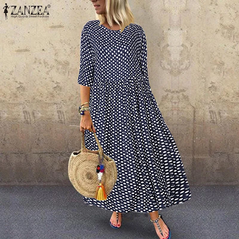 ZANZEA летнее богемное Платье женское повседневное 3/4 с длинным рукавом Vestido винтажное платье в горошек с принтом хлопковое вечернее платье женский халат