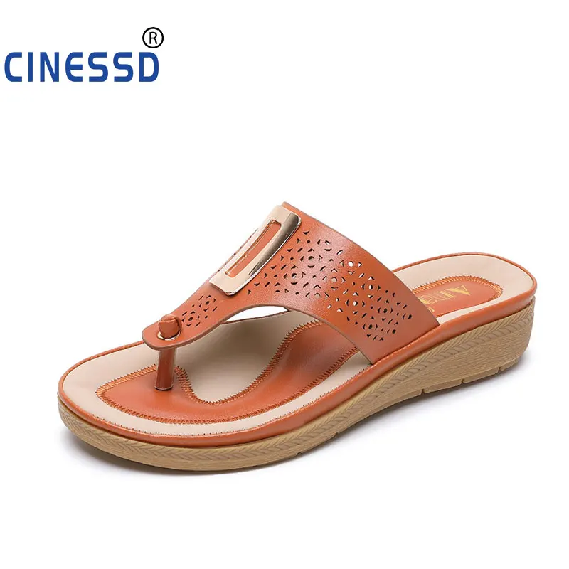 

CINESSD 2020 Size 35-41 Women Leather Platform Flip Flops Ladies Summer Beach Wedge Slippers Female Casual Soft Shoes Slippers