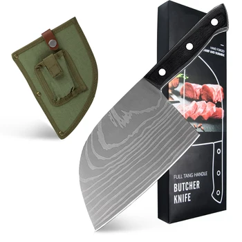 

SOWOLL Butcher Knife Full Tang Serbian Chef Knives Stainless Steel Meat Vegetable Cleaver with Sheath for Kitchen Camping BBQ
