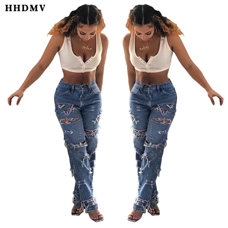HHDMV GHSF12015 уличные повседневные стильные длинные джинсы брючные пуговицы карманы с дырками выдалбливают прямые джинсовые длинные брюки