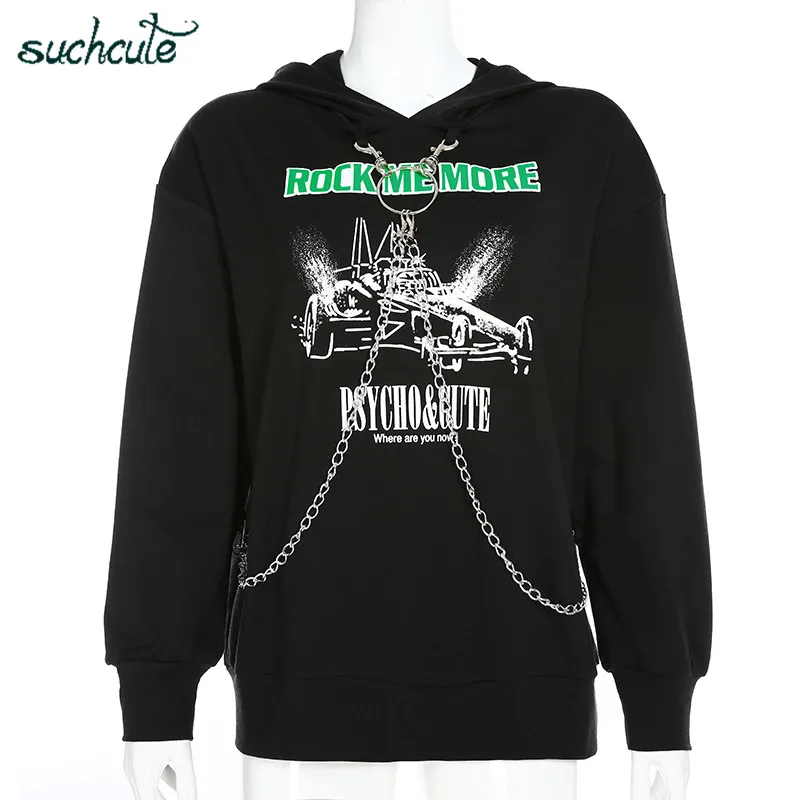 SUCHCUTE Metal Chian женские толстовки Kpop Black Modis Longslive уличная одежда осень готический плюс корейский стиль худи для женщин