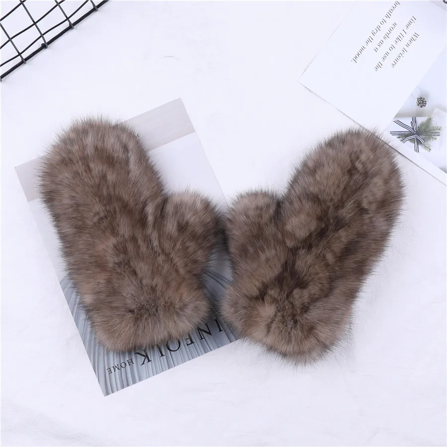 New Women Winter Luxury Sable Fur Gloves Kintting Mittens Girls Ski Gloves Warm Fur Mitts Russian Lady Wrist Glove