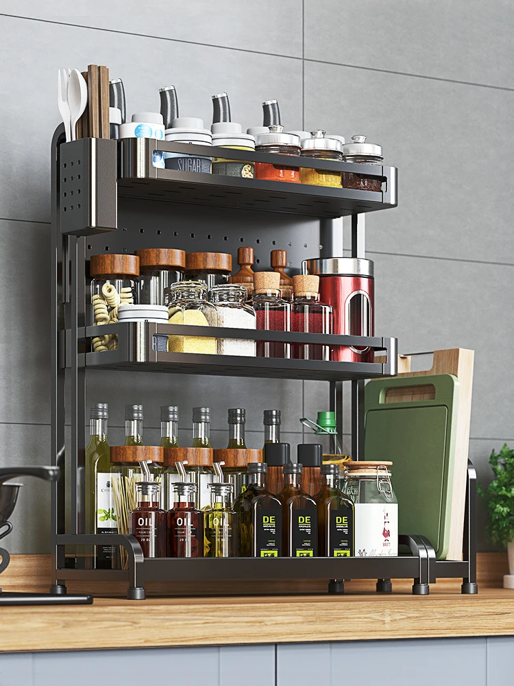 

Black stainless steel kitchen rack spice rack multi-layer seasoning multi-function shelf floor-mounted countertop storage rack
