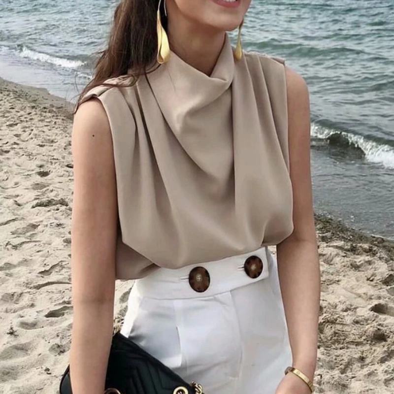 2020 casual solid turtleneck sleevless za women blouse tops female chic shoulder pad khaki back zipper summer shirt femme | Женская