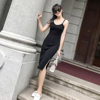 

Women's Spring Summer Dress Women's Elegant Sleeveless Knitted Solid Color Slim Sleeveless Spaghetti Strap Sexy Dress SS1586