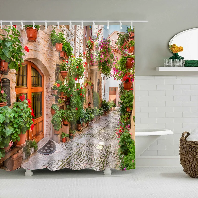 Rural Idyllic Flowers European Garden Shower Curtain Bathroom Waterproof 3d Printed Bath Curtains with 10 Hooks Polyester Cloth