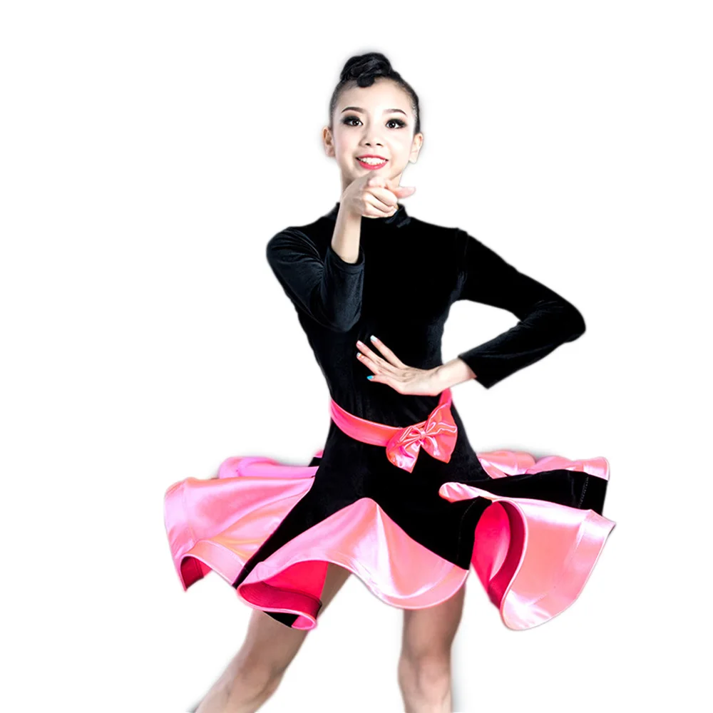 Танцевальное платье для латинских танцев, соревнований, спортивных танцев, бархатное лоскутное платье с бантом для девочек, одежда для маленьких девочек, нижнее белье