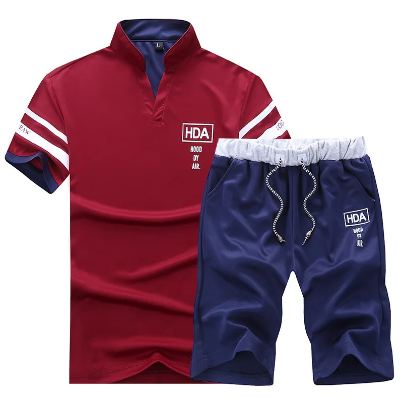 Летние мужские шорты, повседневные Костюмы, спортивная одежда, мужские спортивные костюмы, короткие штаны, Мужской свитшот, 2 шт., топы+ шорты, Мужская брендовая одежда - Цвет: EM103-Red