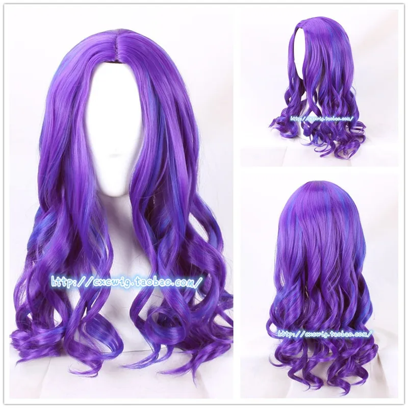 

New Descendants 3 Mal Wig Adult 55cm Long Curly Purple Blue Synthetic Hair Fashion Costume Cosplay Wigs for Women + Wig Cap