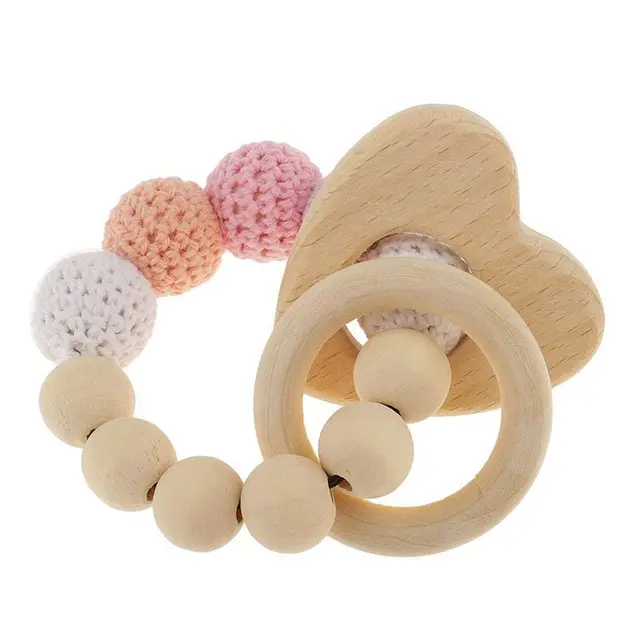 US $3.36 1 pc pearl teething rings wooden infant rattle toy baby teething accessories - multicolored - heart