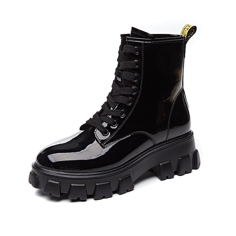 Botas Mujer; коллекция года; женские ботильоны из лакированной кожи; обувь с круглым носком; женская обувь на шнуровке; bottes femme; обувь на среднем каблуке; Zapatos De Mujer; сезон осень