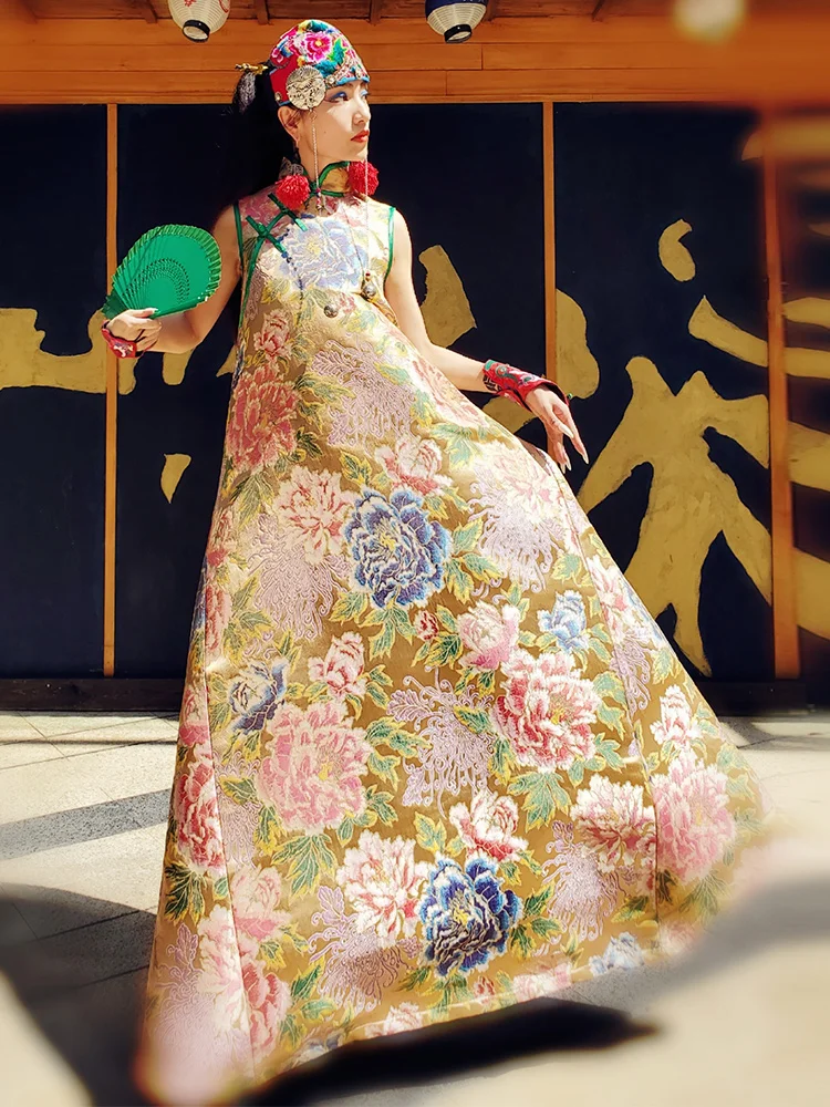 Роскошное женское платье с цветочным принтом, винтажное изысканное платье Чонсам в китайском стиле, вечернее платье Qipao, Классическая ночная рубашка с поясом XL
