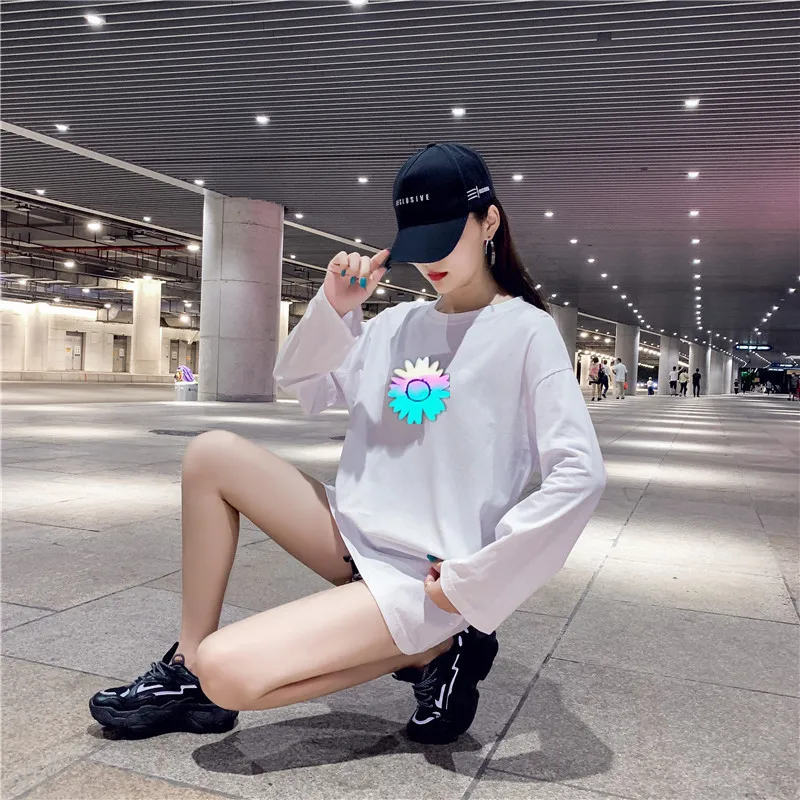 

New Loose Reflective Long Sleeve T-shirt For Lovers Pure Cotton Autumn Print Daisy Casual Tops Oversized Tee En*
