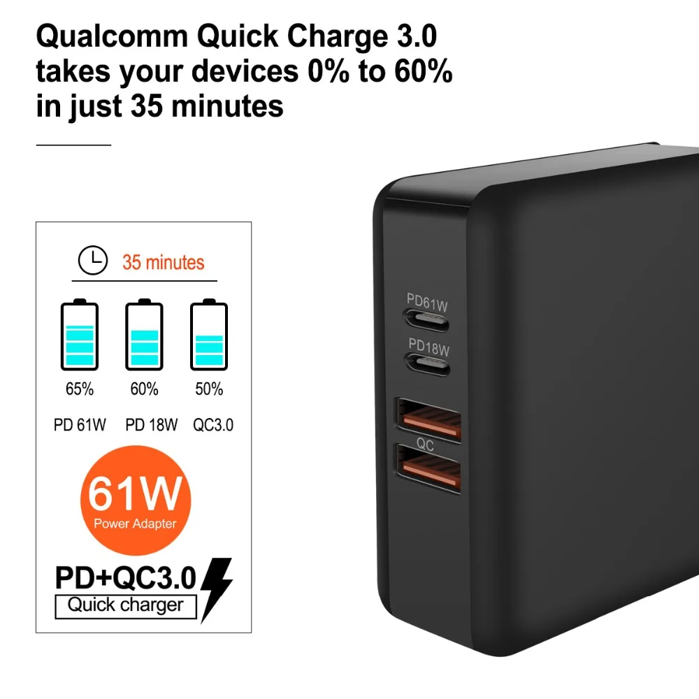 3 в 1 многопортовое USB зарядное устройство для мобильного телефона 61 Вт PD QC3.0 ноутбук быстрый адаптер питания док-станция Быстрая зарядка PD18W порт США/ЕС/Великобритания штекер