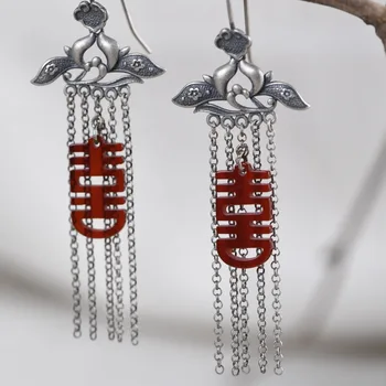 

FNJ Xi Red Agate Earrings 925 Silver 100% Pure Original S925 Silver Sterling Drop Earring for Women Jewelry Good Luck Tassel