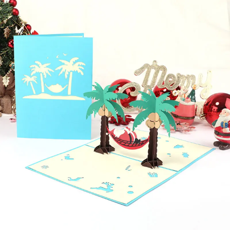 Vacation Santa Claus 3D Christmas Cards Pop Up Christmas Decoration Holiday Card Xmas Greeting New Year Invitations for Gift