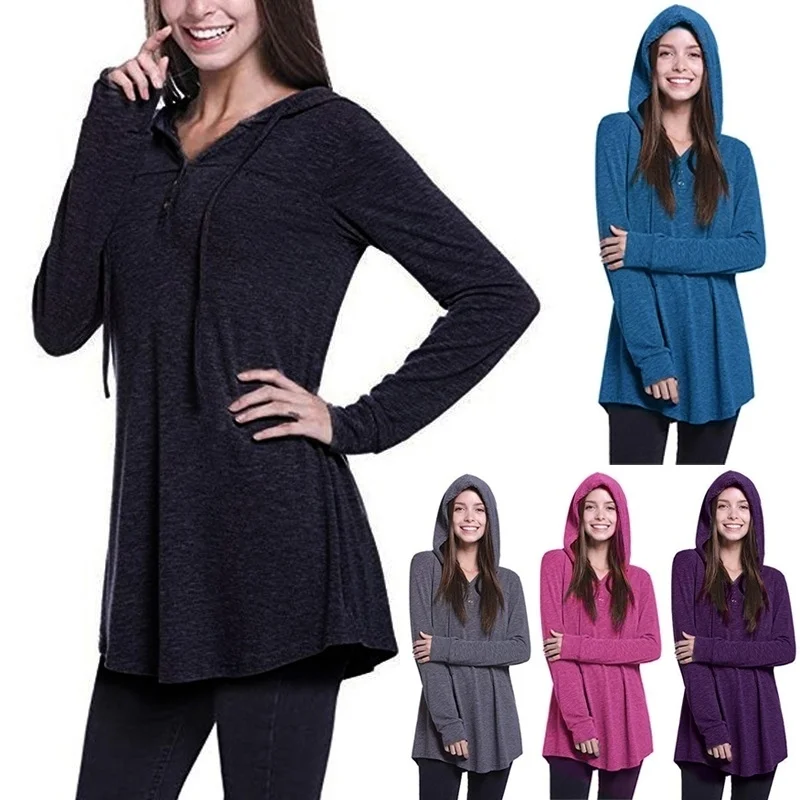 

New Women's Casual Solid Cowl Neck Long Sleeve Drawstring Pullover Sweatshirts Hoodie