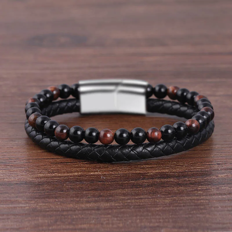 New Arrival Stainless Steel Genuine Leather Bracelet For Men's Charm 6MMNatural Stone Beaded Cross Bracelets Fashion Jewelry - Окраска металла: See figure