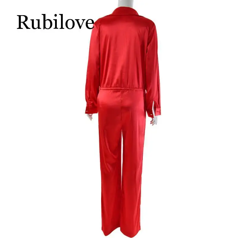 Rubilove, элегантный свободный сатиновый облегающий бандажный комбинезон для женщин,, весенний сексуальный однотонный комбинезон с отворотом, глубокий v-образный вырез, женский комбинезон, уличная одежда