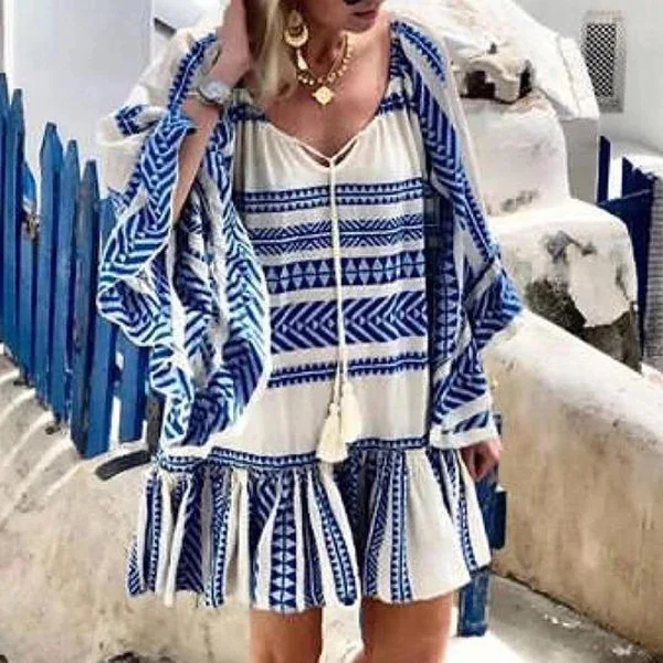 

Beach Dress Swimsuits Plage Pareo For The Swimsuit On Summer Swim New Bohemia Neck Print Loudspeakers Long Sleeve Polyester