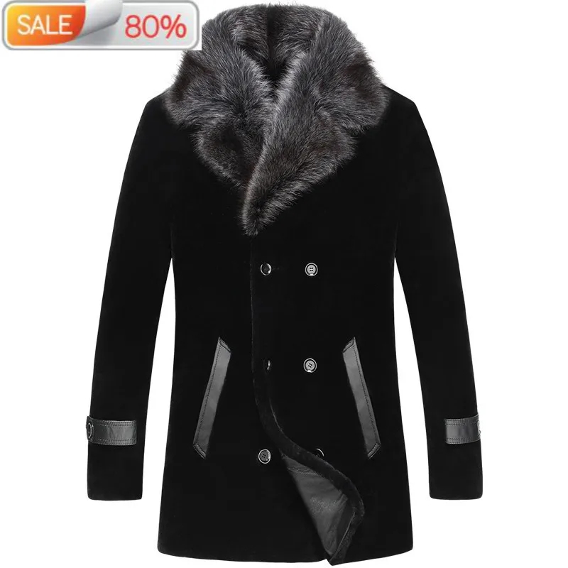 

100% Wool Sheep Shearling Coat Winter Raccoon Fur Collar Long Coats Men Jacket LSY0A0A70 ND1133
