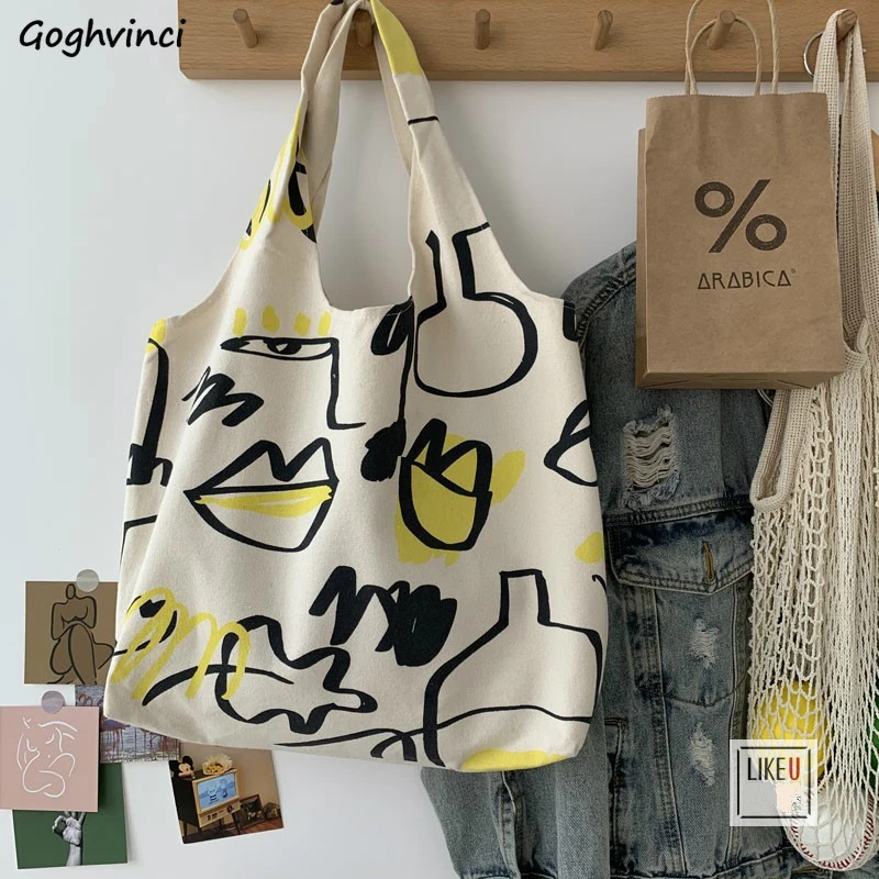 Shopping Bags Women Canvas Harajuku Geometric Printed Large Capacity Vintage Chic Japanese Style Fashion Students Eco Foldable | Багаж и