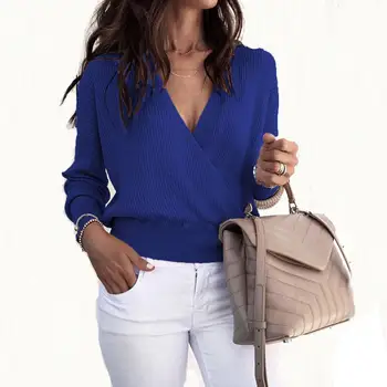 

Women Sexy Solid Color V Neck Cross Long Sleeve Pullover Knitted Sweater Top