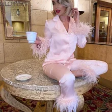 Pajamas for Women Two-piece Chic Feather Detail Casual Pajamas Long-sleeved Button Homewear Top and Slim Pants Set