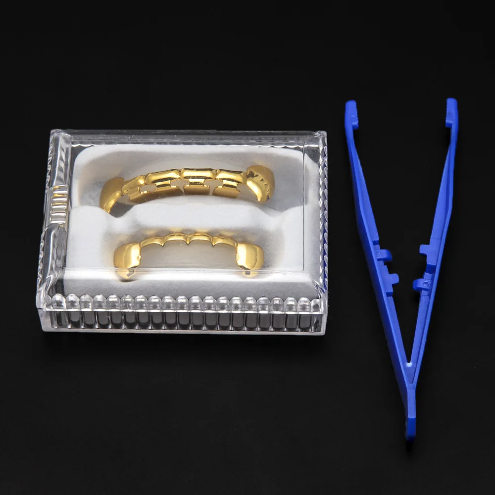 Gold Color Double Bling Bling Grillz Top & Bootom Dental Mouth Punk Teeth Caps Cosplay Party Tooth Rapper Hip Hop Jewelry TG022
