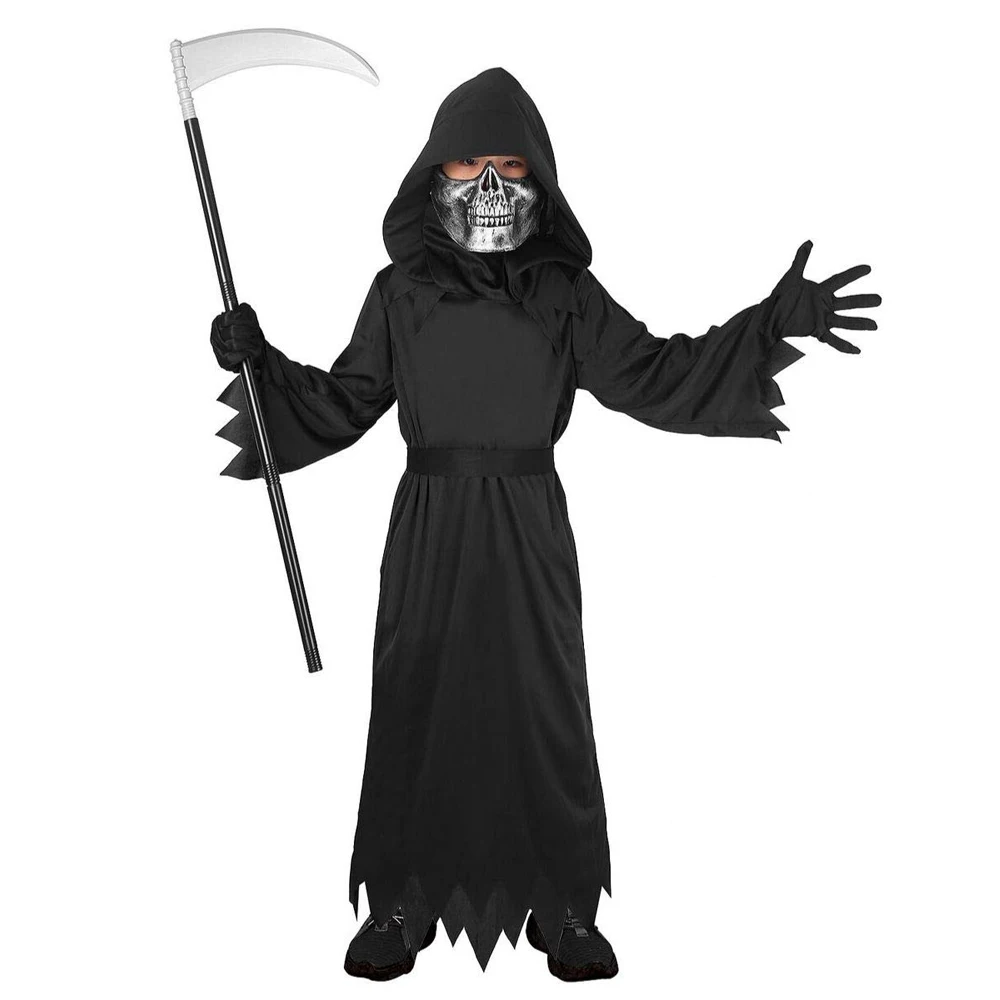 parrilla Confinar alondra Snailify-Disfraz de Grim Reaper para niños, traje de vampiro, guadaña y  máscara, incluye disfraz de Halloween - AliExpress