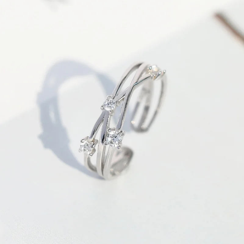 

Creative Style Silver Star White Zircon Opening Ring 925 Irregular Wave Design Lucky Star Rings For Women Girl
