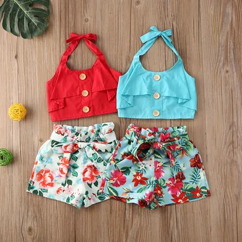 

Toddler Baby Girls Ruffle Strap Crop Tops+Bowknot Floral Long Pants Outfits Clothes Two Piece Set